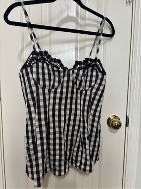 NWOT Commense Black and White Gingham Lace Trim Cami Top